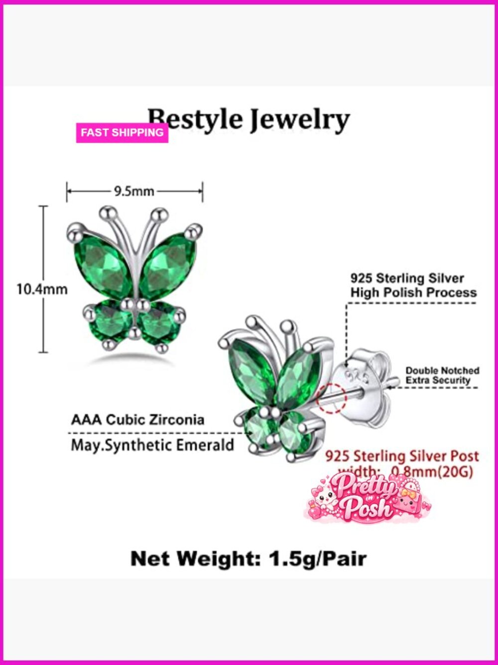 Gold Butterfly Earrings, Dainty Birthstone Studs Hypoallergenic Jewelry - Picture 5 of 7